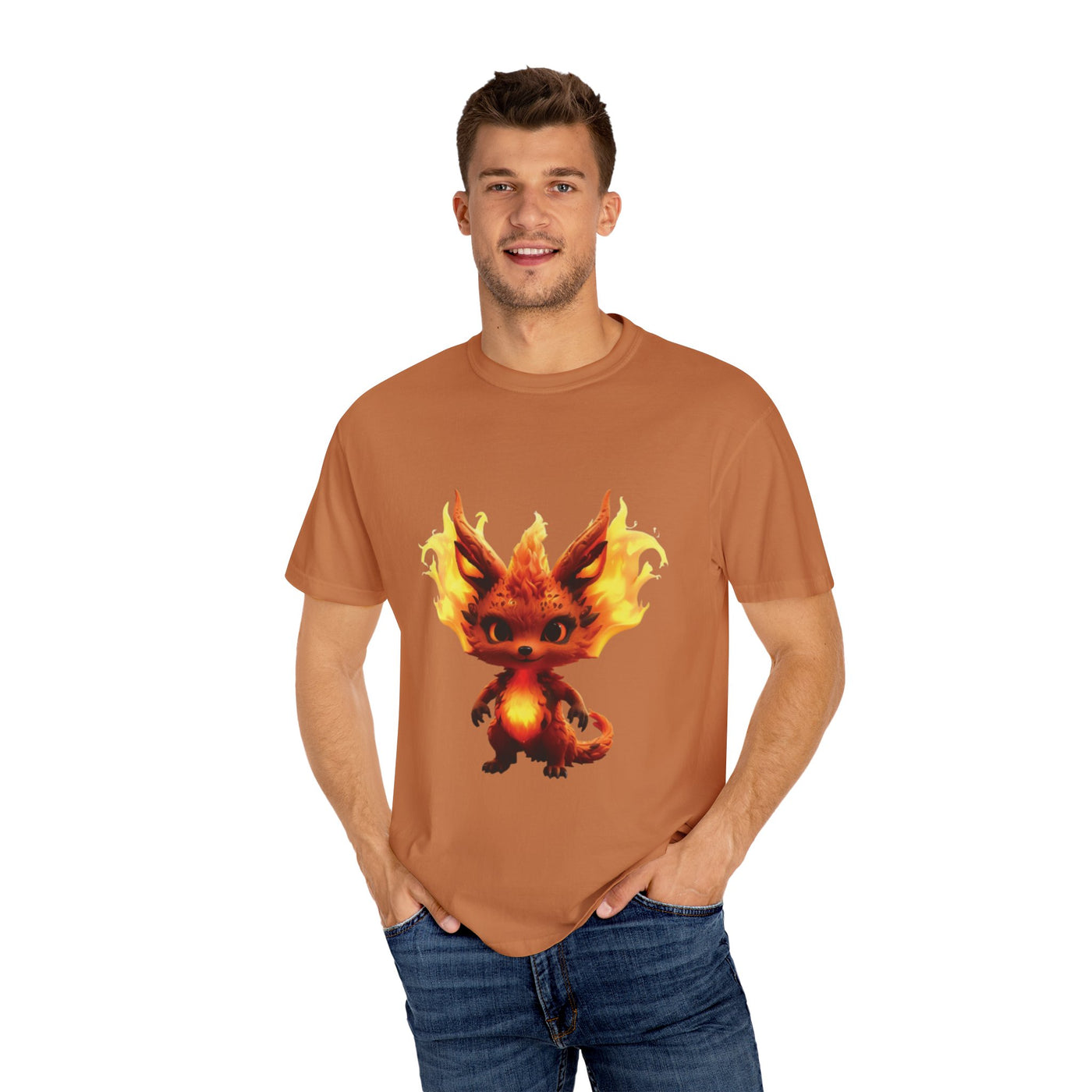 Unisex Garment-Dyed T-Shirt with Fiery Fantasy Creature Design