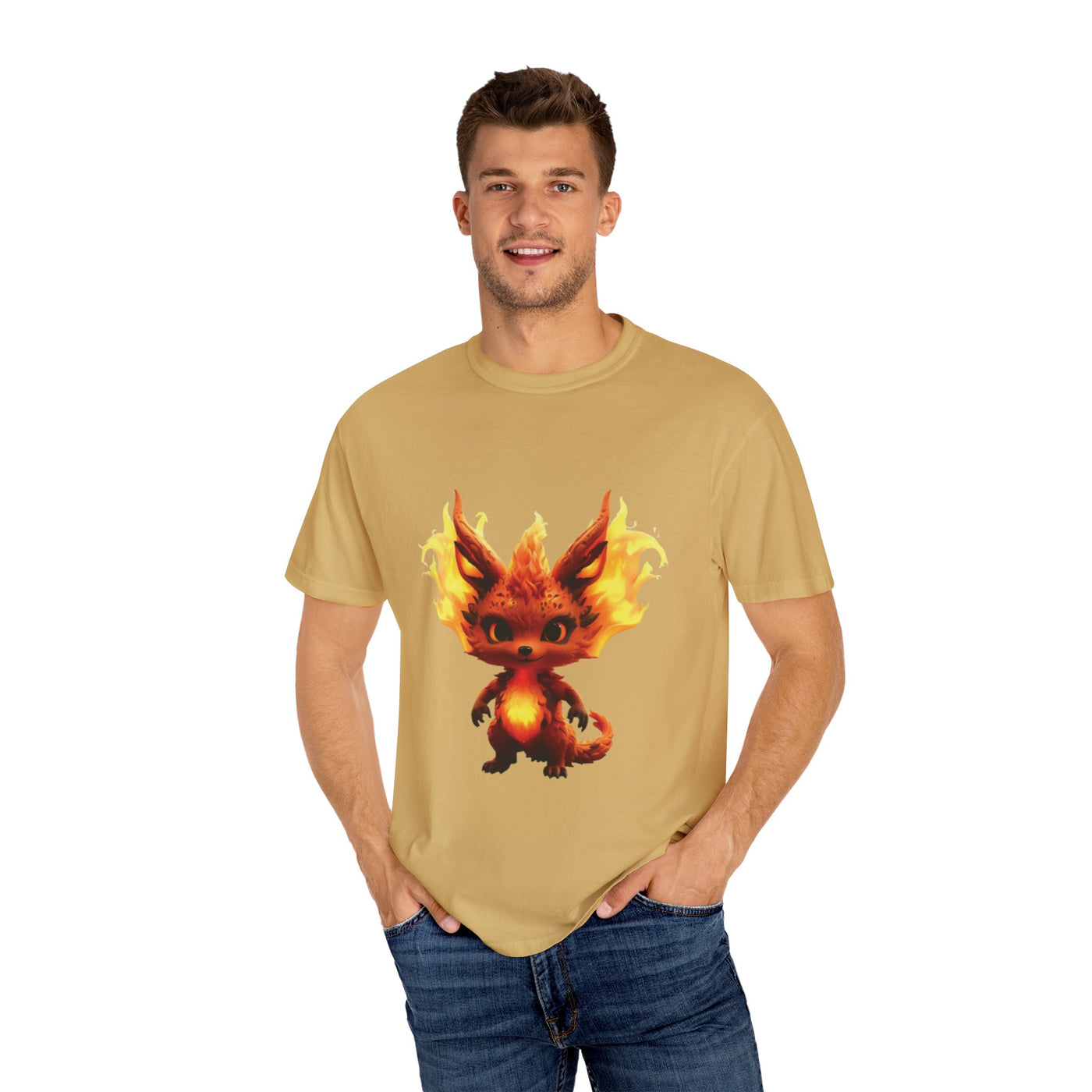 Unisex Garment-Dyed T-Shirt with Fiery Fantasy Creature Design